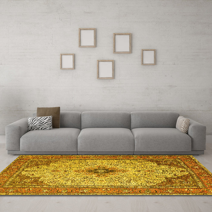 Machine Washable Persian Yellow Traditional Rug in a Living Room, wshtr1287yw