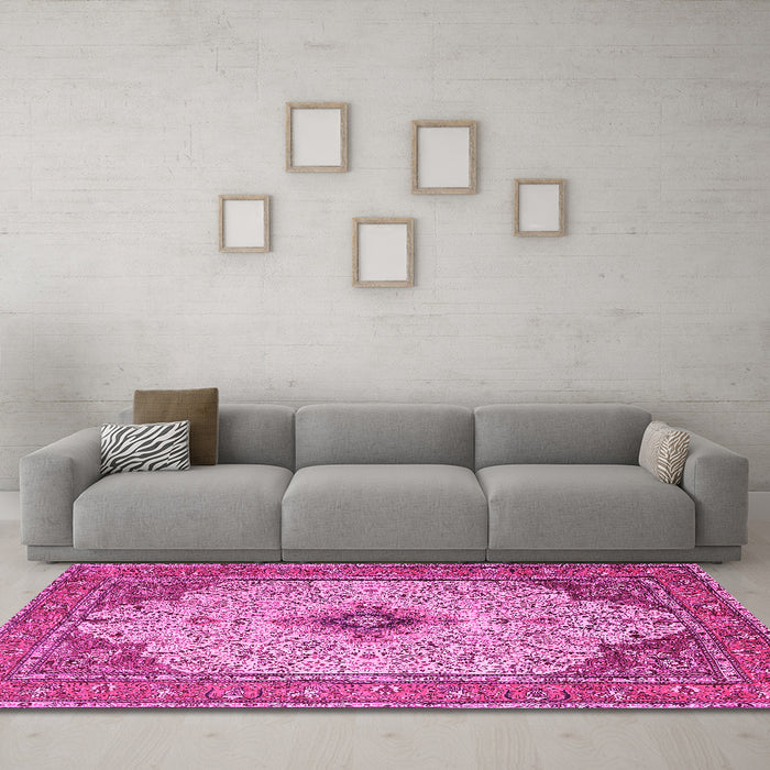 Machine Washable Persian Pink Traditional Rug in a Living Room, wshtr1287pnk