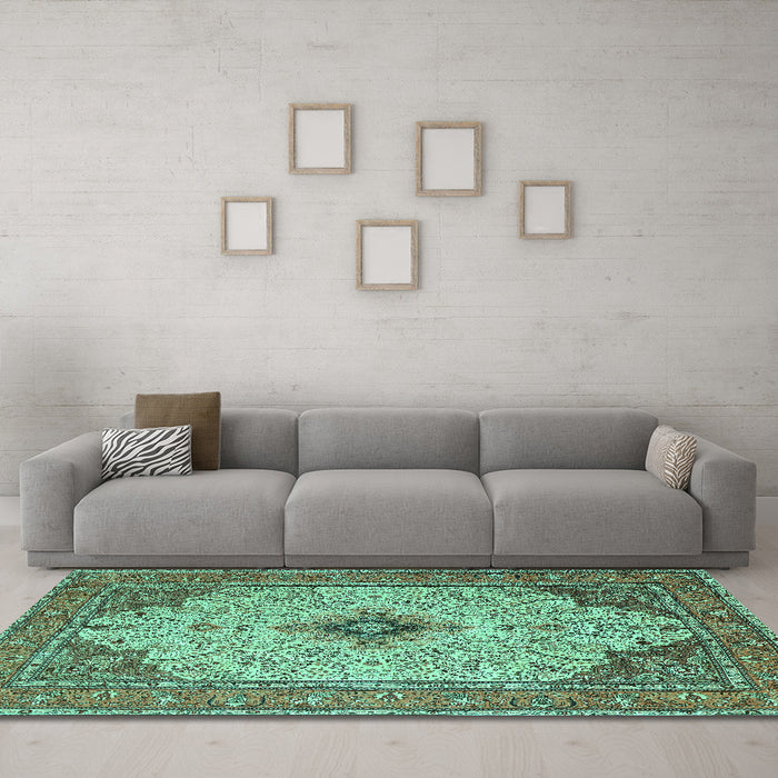 Machine Washable Persian Turquoise Traditional Area Rugs in a Living Room,, wshtr1287turq