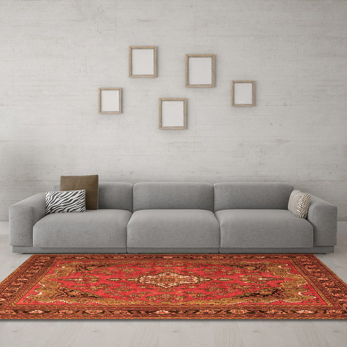 Machine Washable Persian Orange Traditional Area Rugs in a Living Room, wshtr1288org