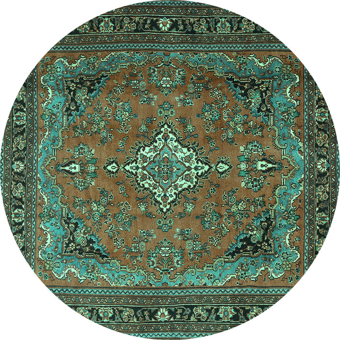 Round Machine Washable Persian Turquoise Traditional Area Rugs, wshtr1288turq