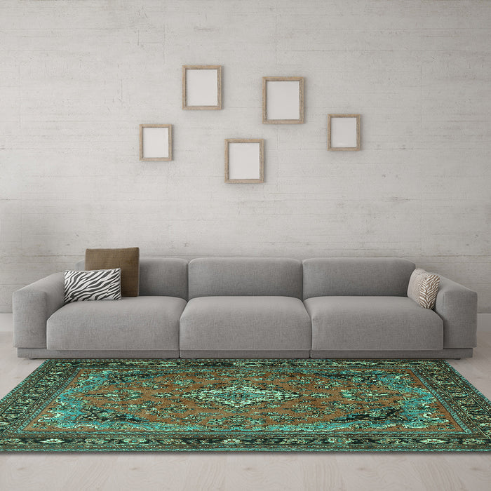 Machine Washable Persian Turquoise Traditional Area Rugs in a Living Room,, wshtr1288turq