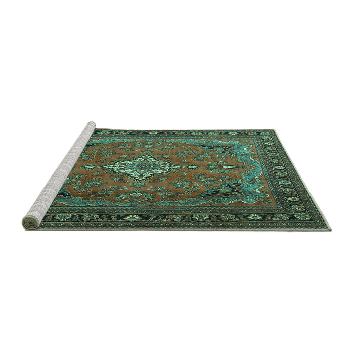 Sideview of Machine Washable Persian Turquoise Traditional Area Rugs, wshtr1288turq