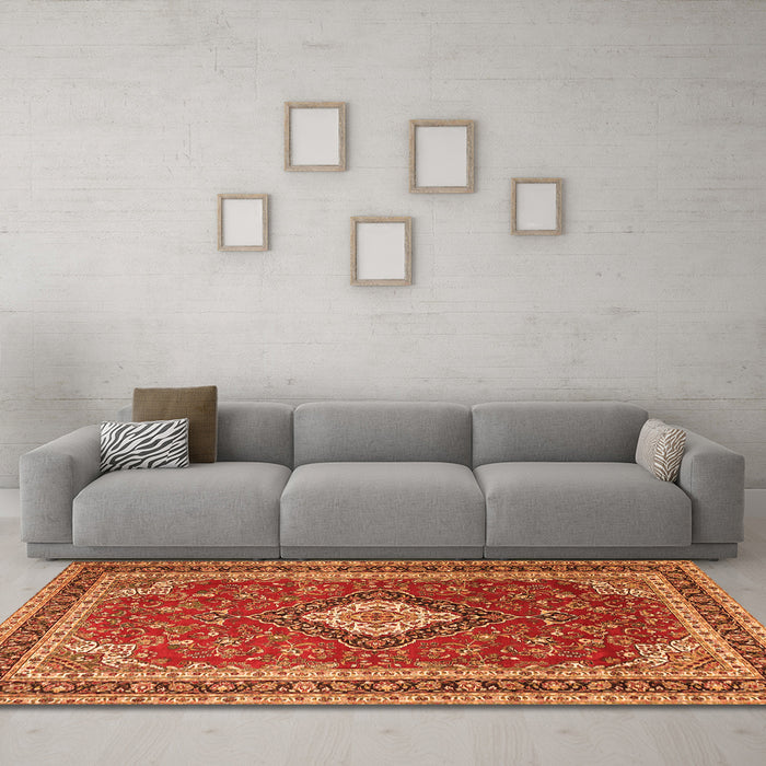 Machine Washable Medallion Orange Traditional Area Rugs in a Living Room, wshtr1289org