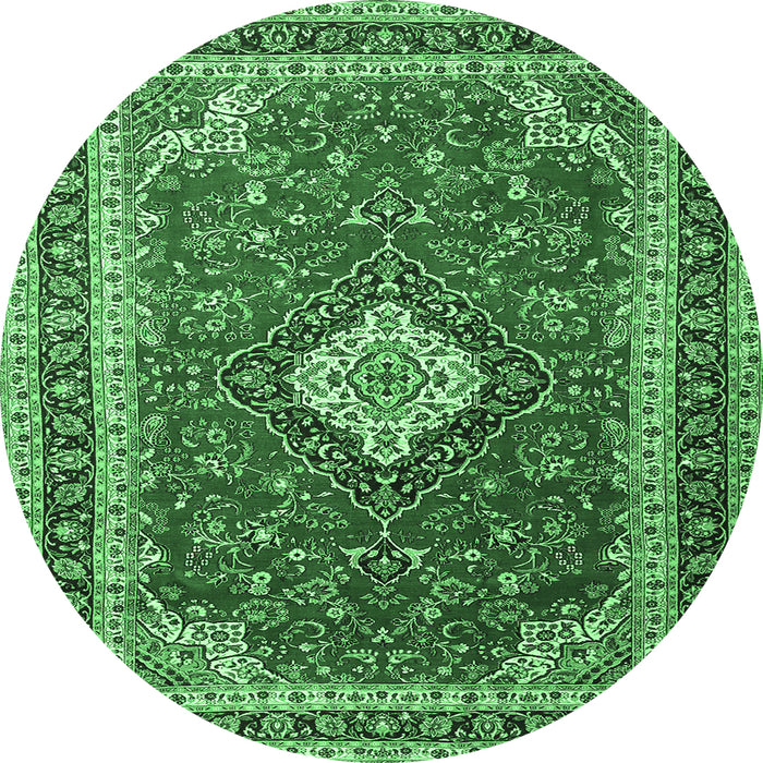 Round Machine Washable Medallion Emerald Green Traditional Area Rugs, wshtr1289emgrn