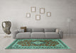 Machine Washable Medallion Turquoise Traditional Area Rugs in a Living Room,, wshtr1289turq