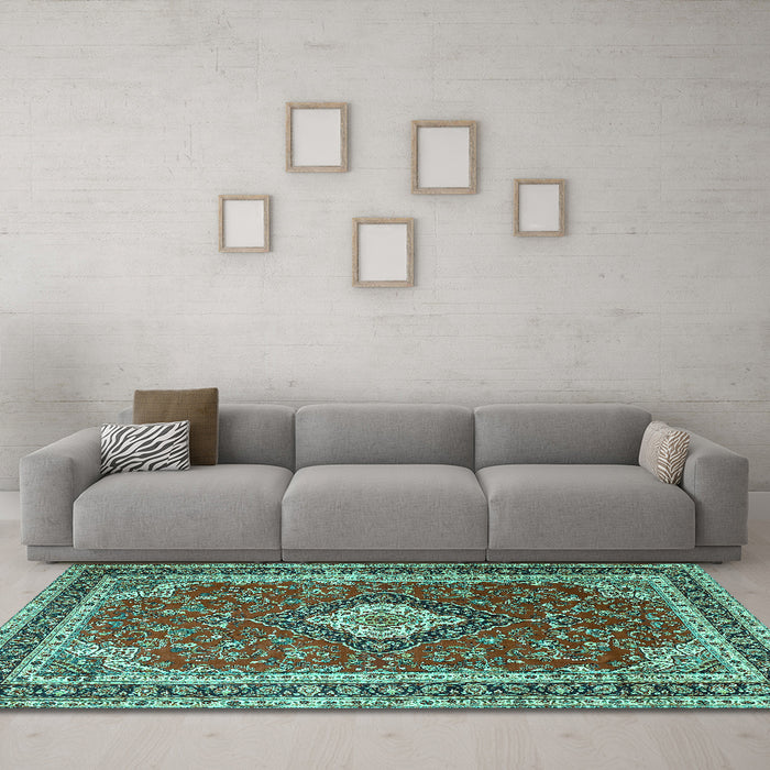 Machine Washable Medallion Turquoise Traditional Area Rugs in a Living Room,, wshtr1289turq