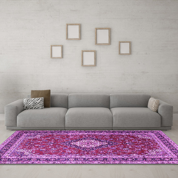 Machine Washable Medallion Purple Traditional Area Rugs in a Living Room, wshtr1289pur