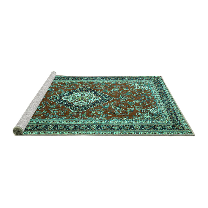 Sideview of Machine Washable Medallion Turquoise Traditional Area Rugs, wshtr1289turq