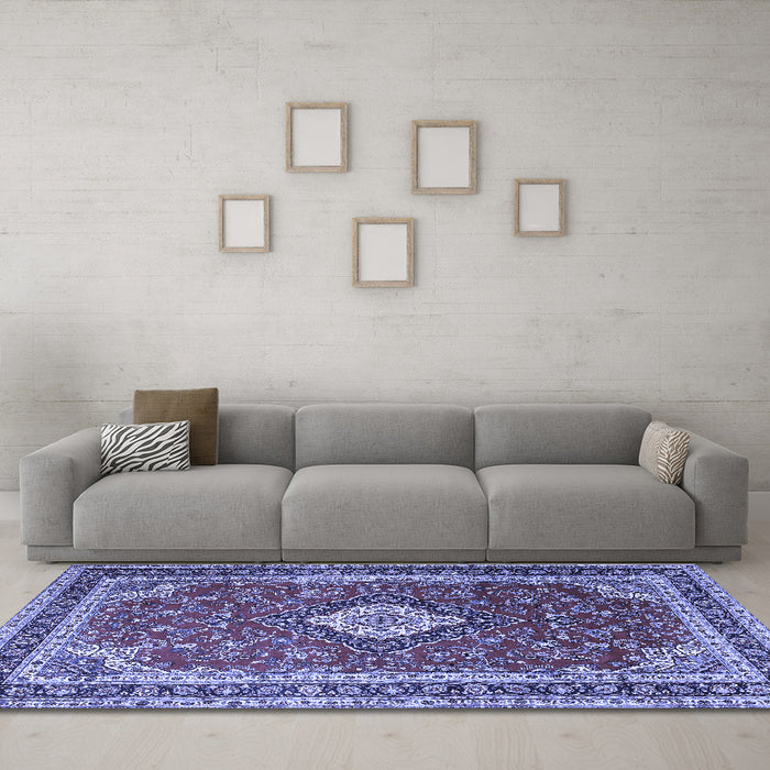 Machine Washable Medallion Blue Traditional Rug in a Living Room, wshtr1289blu