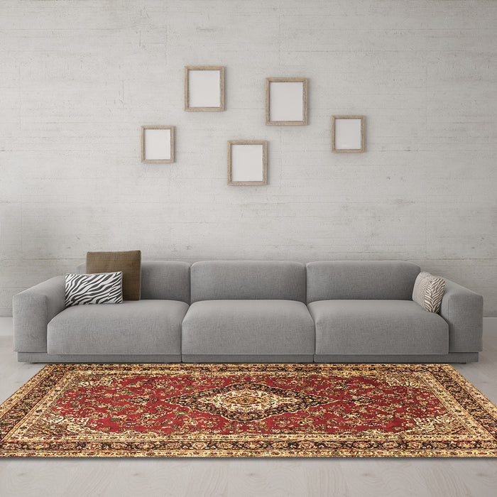 Machine Washable Medallion Brown Traditional Rug in a Living Room,, wshtr1289brn