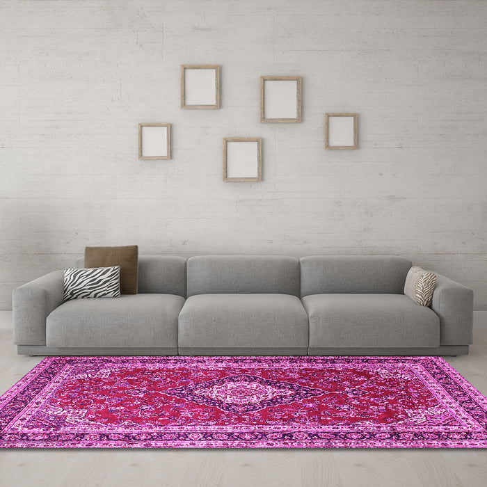 Machine Washable Medallion Pink Traditional Rug in a Living Room, wshtr1289pnk