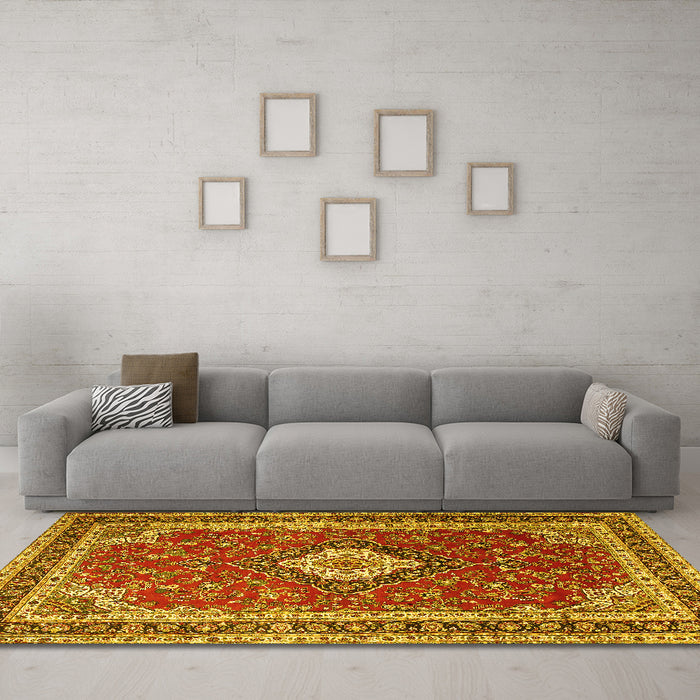 Machine Washable Medallion Yellow Traditional Rug in a Living Room, wshtr1289yw
