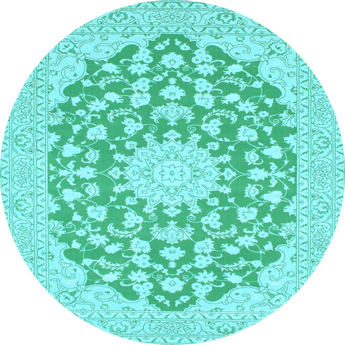 Round Machine Washable Medallion Light Blue Traditional Rug, wshtr128lblu