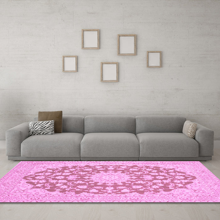 Machine Washable Medallion Pink Traditional Rug in a Living Room, wshtr128pnk