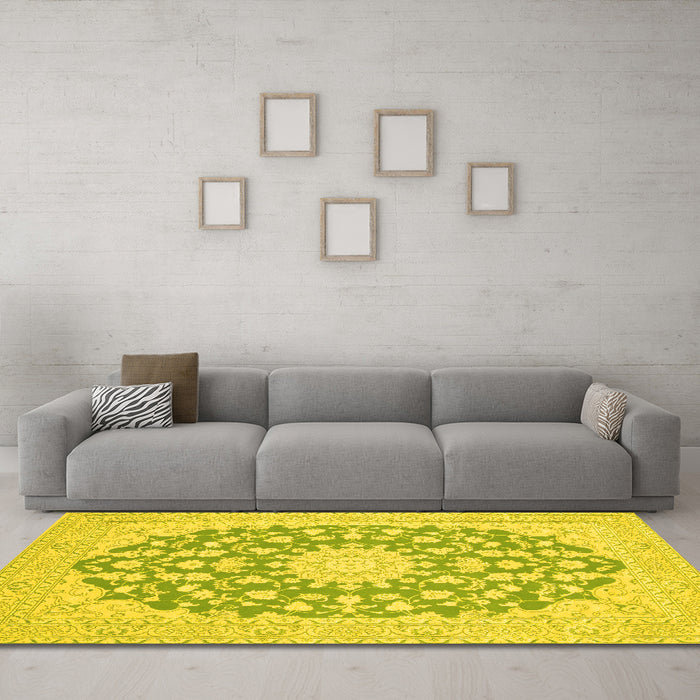 Machine Washable Medallion Yellow Traditional Rug in a Living Room, wshtr128yw