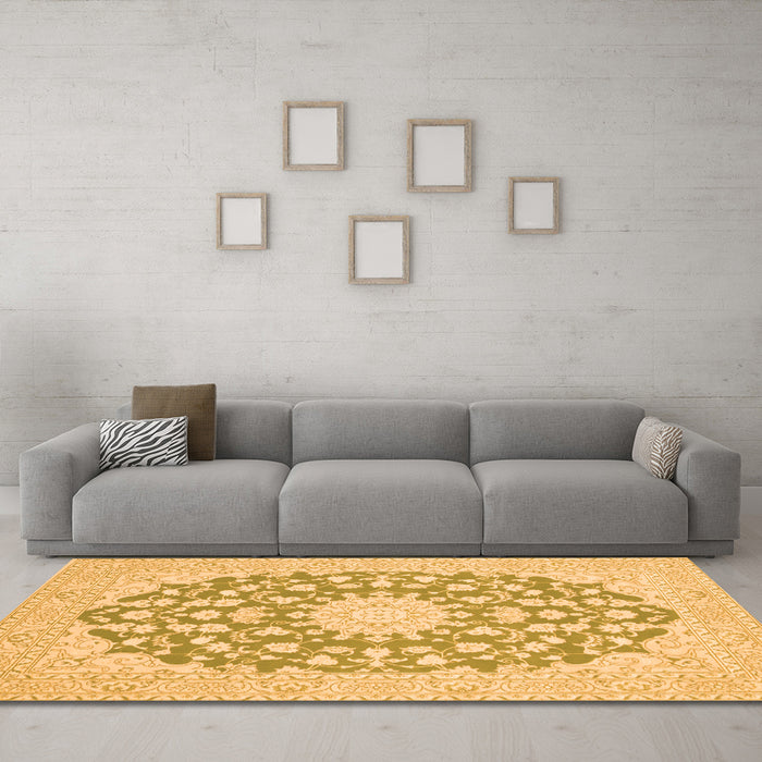 Machine Washable Medallion Orange Traditional Area Rugs in a Living Room, wshtr128org