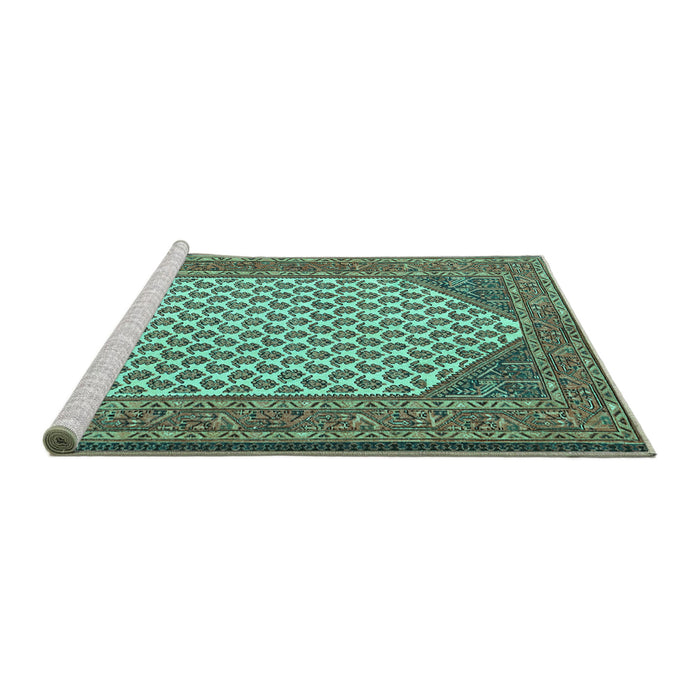 Sideview of Machine Washable Persian Turquoise Traditional Area Rugs, wshtr1290turq