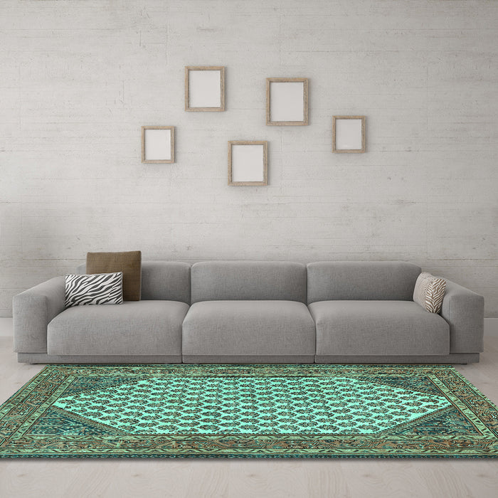 Machine Washable Persian Turquoise Traditional Area Rugs in a Living Room,, wshtr1290turq