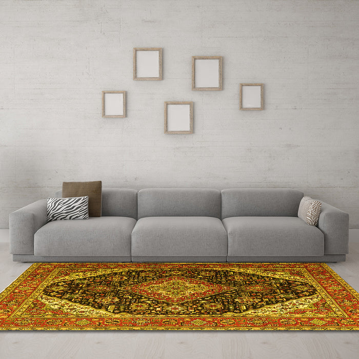 Machine Washable Medallion Yellow Traditional Rug in a Living Room, wshtr1291yw