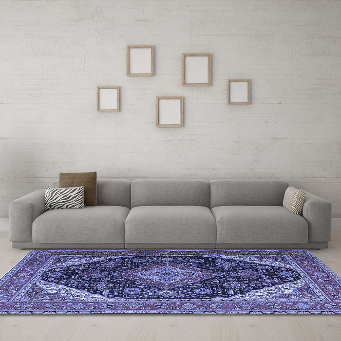 Machine Washable Medallion Blue Traditional Rug in a Living Room, wshtr1291blu