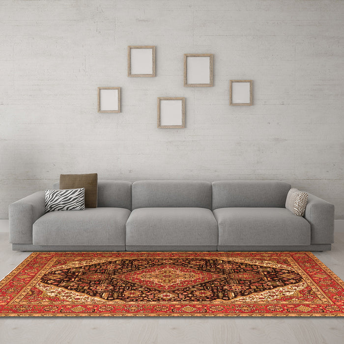 Machine Washable Medallion Orange Traditional Area Rugs in a Living Room, wshtr1291org