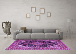 Machine Washable Medallion Purple Traditional Area Rugs in a Living Room, wshtr1291pur