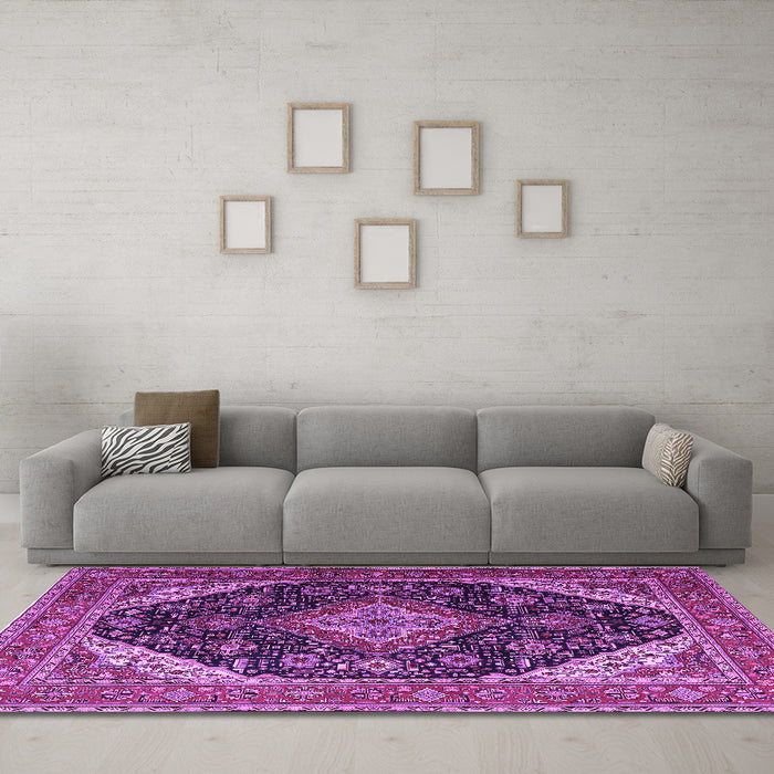Machine Washable Medallion Purple Traditional Area Rugs in a Living Room, wshtr1291pur