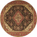 Round Machine Washable Medallion Brown Traditional Rug, wshtr1291brn