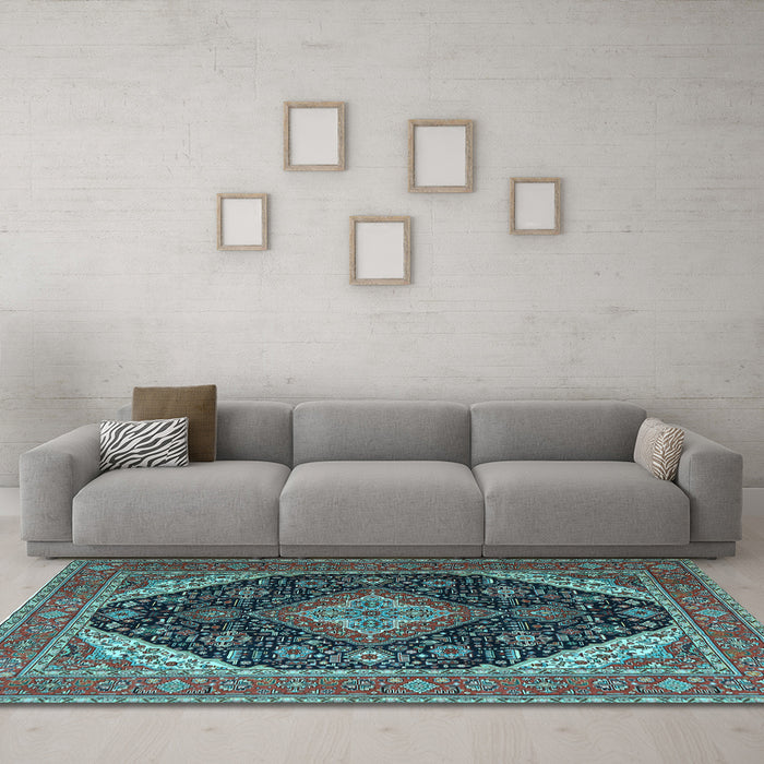 Machine Washable Medallion Light Blue Traditional Rug in a Living Room, wshtr1291lblu