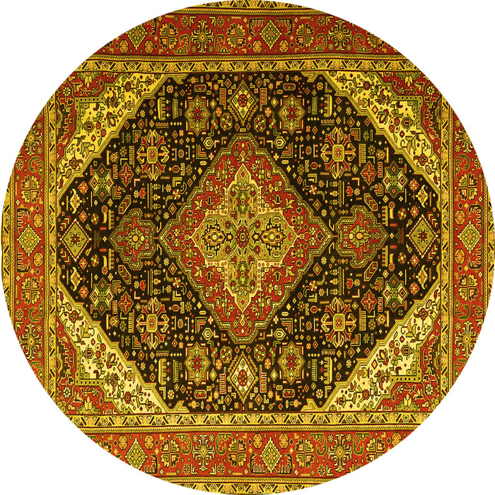 Round Machine Washable Medallion Yellow Traditional Rug, wshtr1291yw