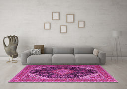 Machine Washable Medallion Pink Traditional Rug in a Living Room, wshtr1291pnk