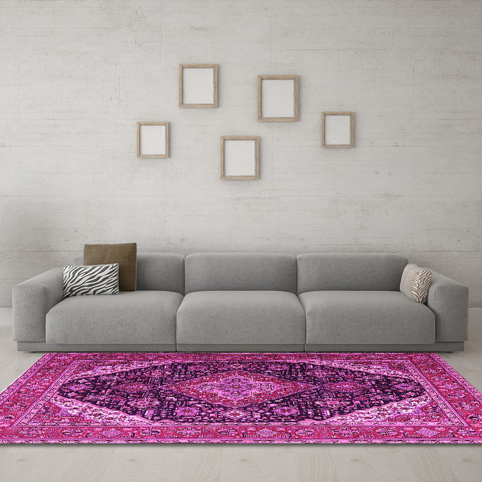 Machine Washable Medallion Pink Traditional Rug in a Living Room, wshtr1291pnk