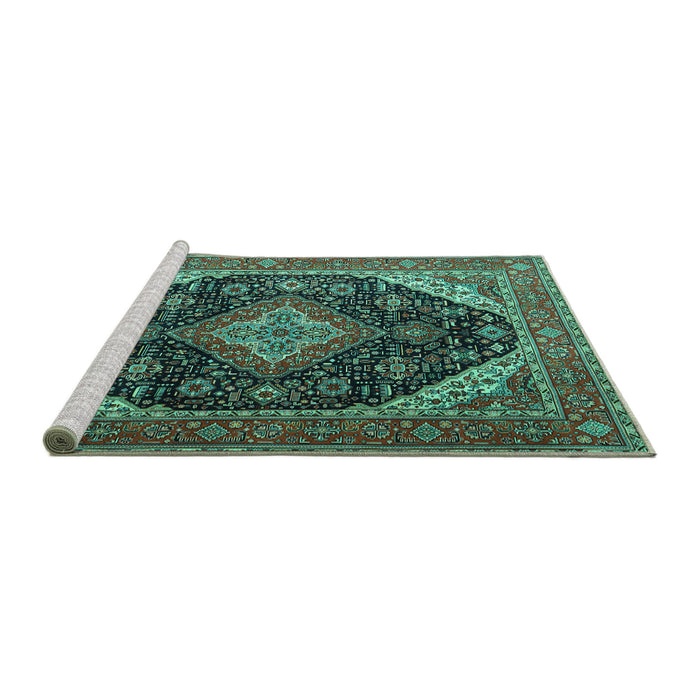 Sideview of Machine Washable Medallion Turquoise Traditional Area Rugs, wshtr1291turq
