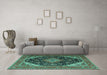 Machine Washable Medallion Turquoise Traditional Area Rugs in a Living Room,, wshtr1291turq