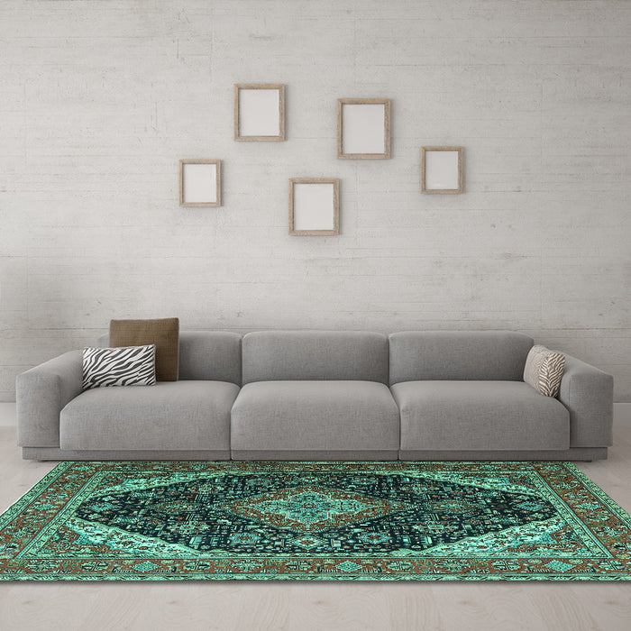 Machine Washable Medallion Turquoise Traditional Area Rugs in a Living Room,, wshtr1291turq