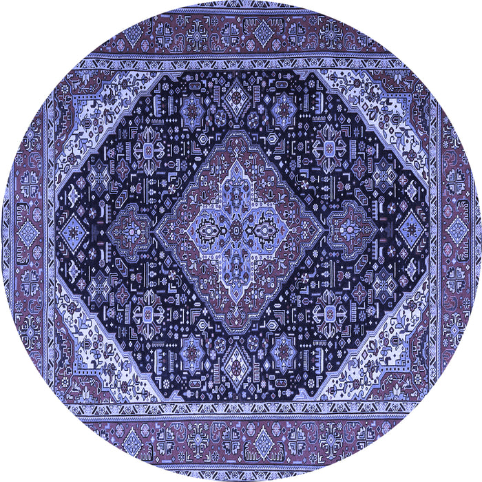 Round Machine Washable Medallion Blue Traditional Rug, wshtr1291blu