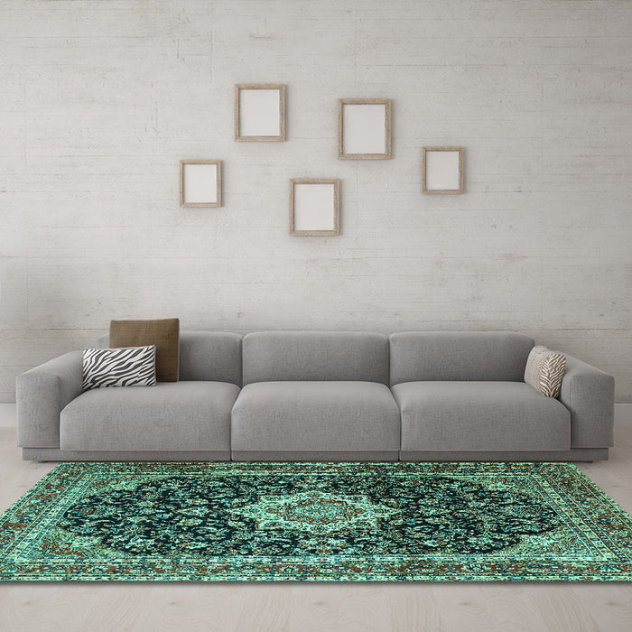 Machine Washable Medallion Turquoise Traditional Area Rugs in a Living Room,, wshtr1292turq