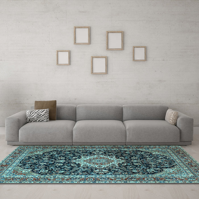 Machine Washable Medallion Light Blue Traditional Rug in a Living Room, wshtr1292lblu