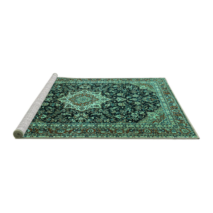 Sideview of Machine Washable Medallion Turquoise Traditional Area Rugs, wshtr1292turq