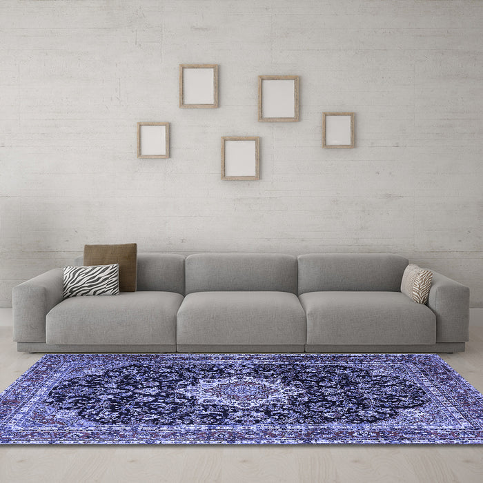 Machine Washable Medallion Blue Traditional Rug in a Living Room, wshtr1292blu