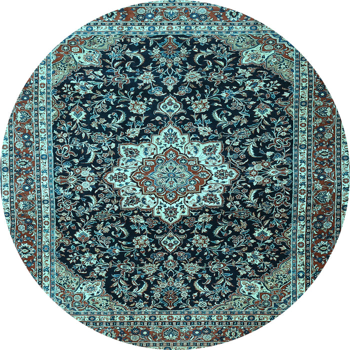 Round Machine Washable Medallion Light Blue Traditional Rug, wshtr1292lblu