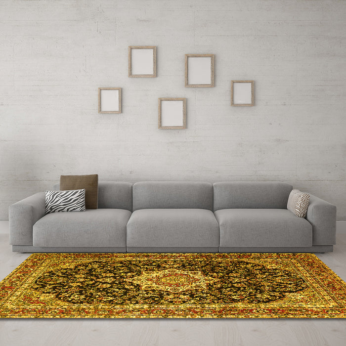 Machine Washable Medallion Yellow Traditional Rug in a Living Room, wshtr1292yw