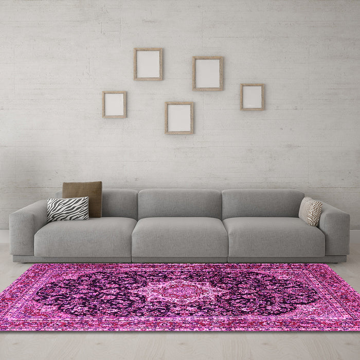Machine Washable Medallion Pink Traditional Rug in a Living Room, wshtr1292pnk