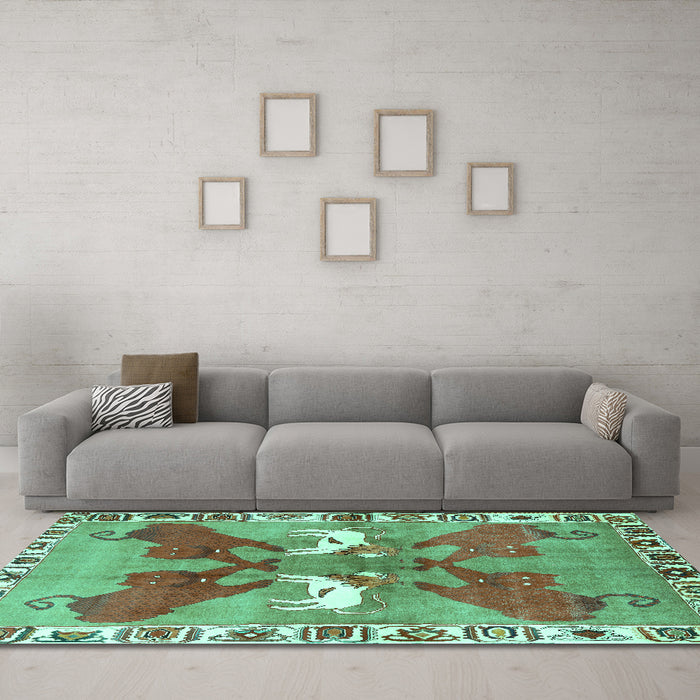 Machine Washable Persian Turquoise Traditional Area Rugs in a Living Room,, wshtr1298turq