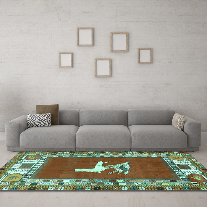 Machine Washable Persian Turquoise Traditional Area Rugs in a Living Room,, wshtr1299turq
