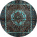 Round Machine Washable Medallion Light Blue Traditional Rug, wshtr129lblu