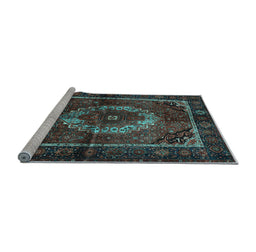 Sideview of Machine Washable Medallion Light Blue Traditional Rug, wshtr129lblu