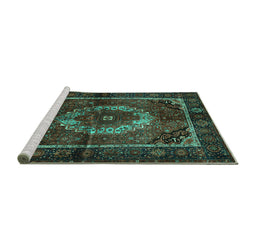 Sideview of Machine Washable Medallion Turquoise Traditional Area Rugs, wshtr129turq