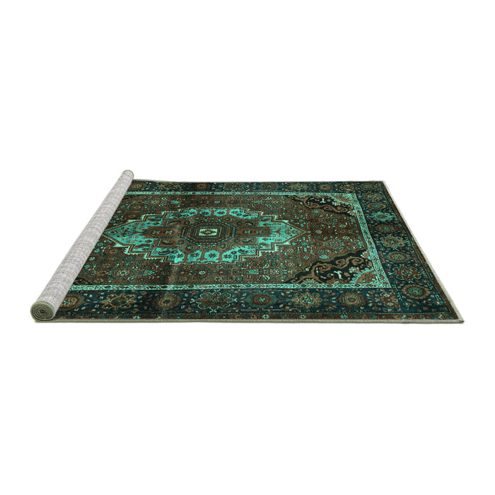 Sideview of Machine Washable Medallion Turquoise Traditional Area Rugs, wshtr129turq